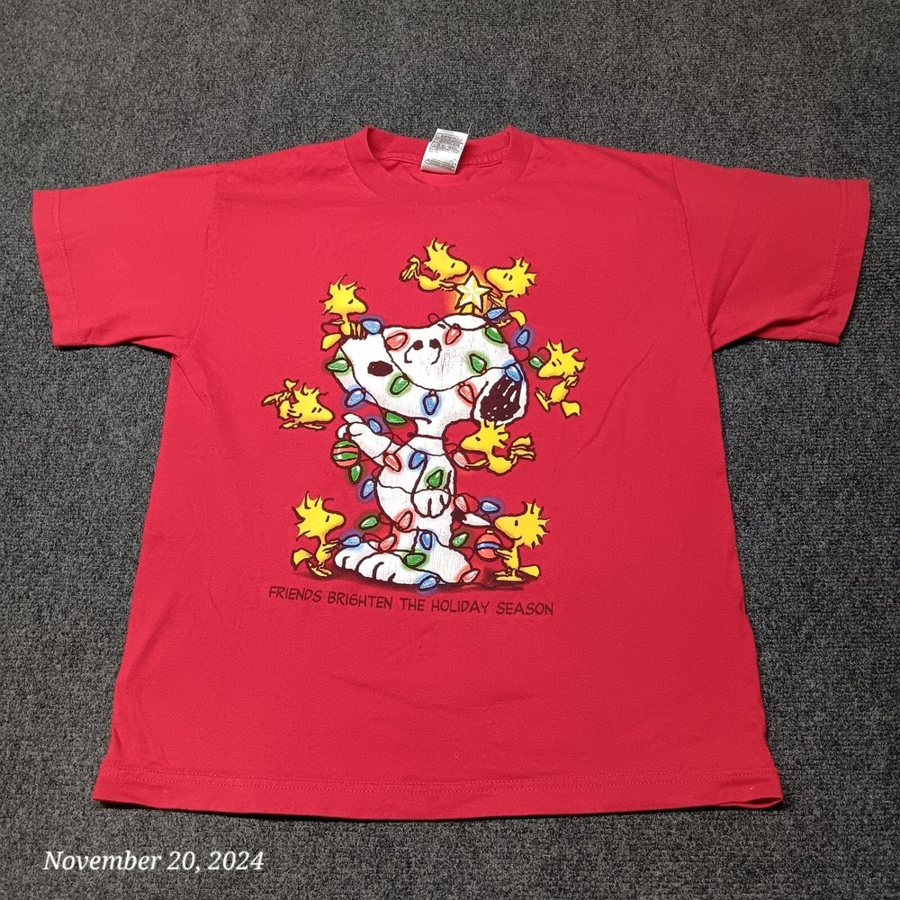 Peanuts Snoopy Woodstock Christmas Shirt Youth Large Red Crew Neck